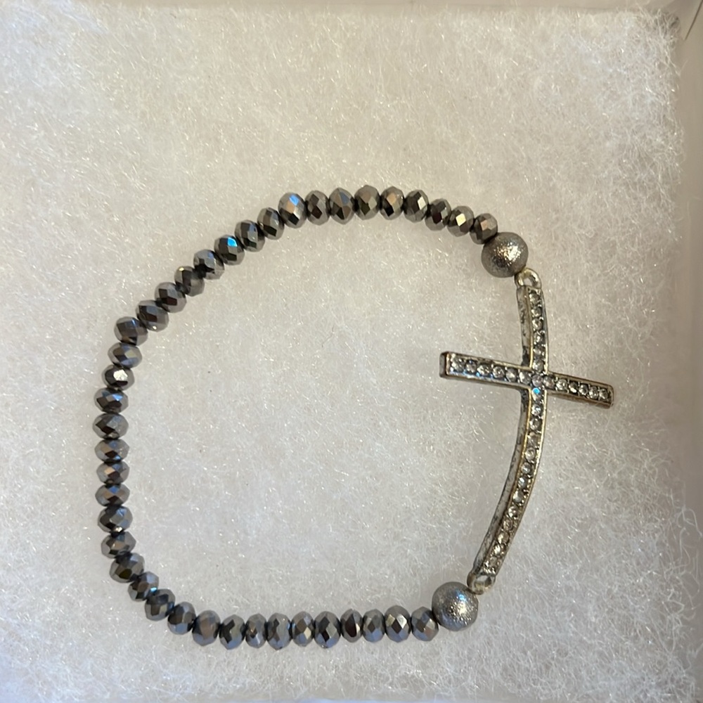 Gray & silver rhinestone cross beaded bracelet